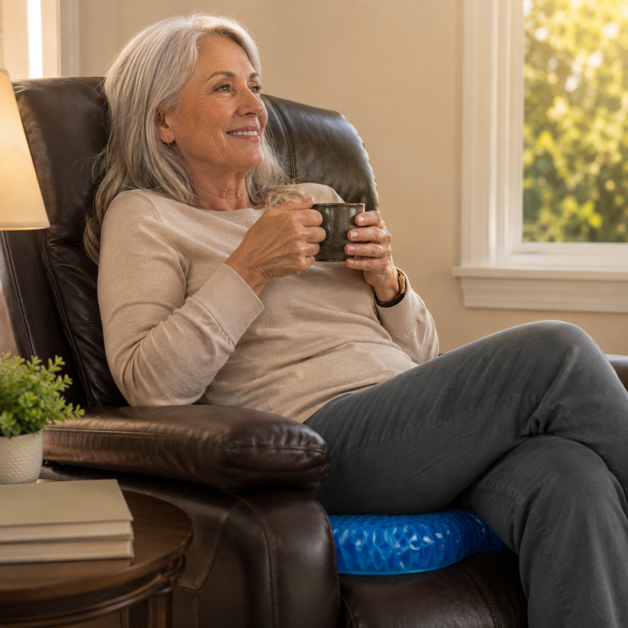 An older woman relaxing comfortably with the cushion beneath her