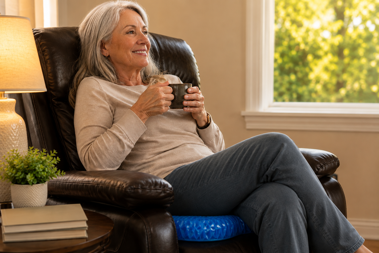 An older woman relaxing comfortably with the cushion beneath her