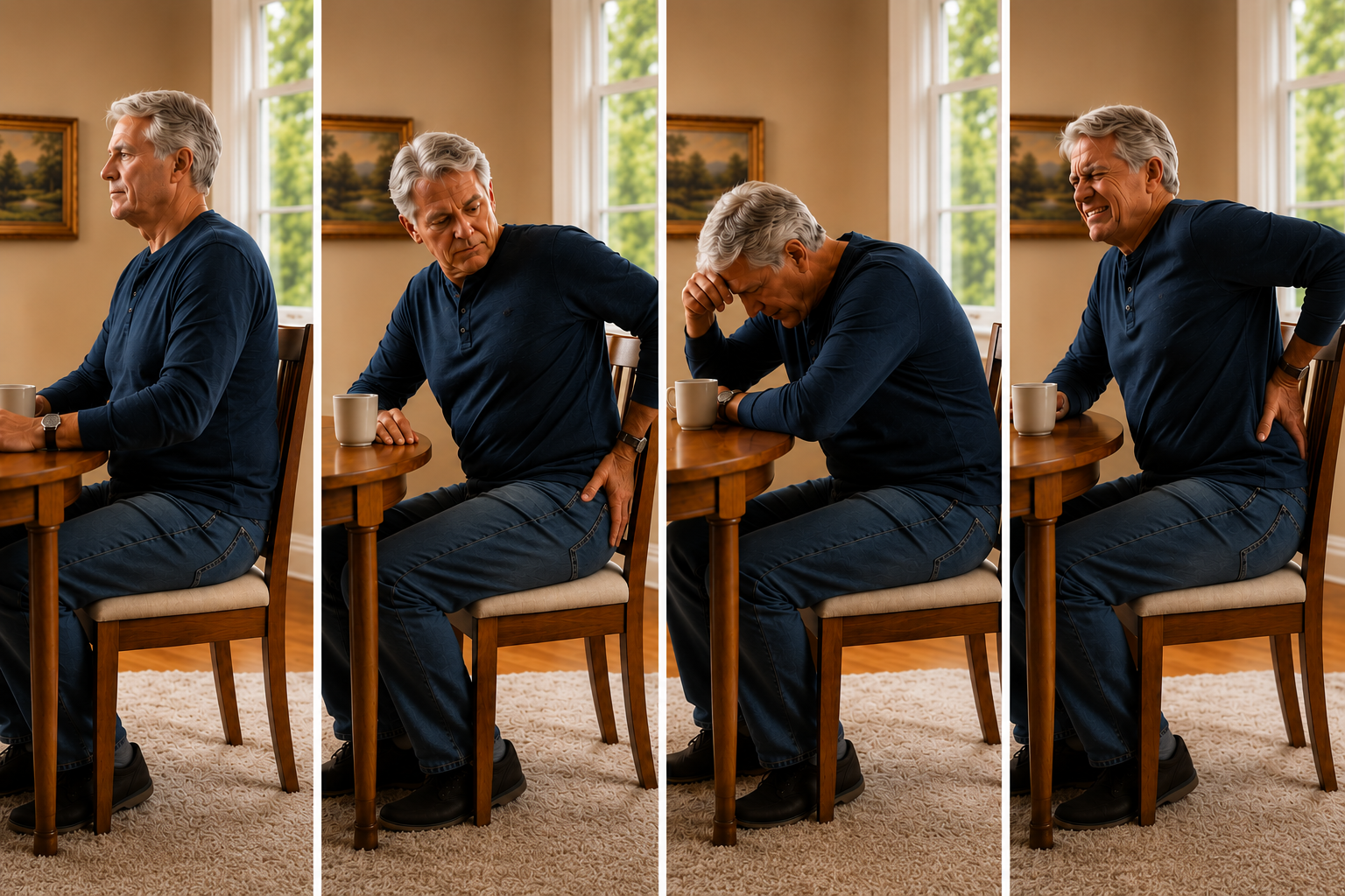 The same man shifting through four uncomfortable sitting positions