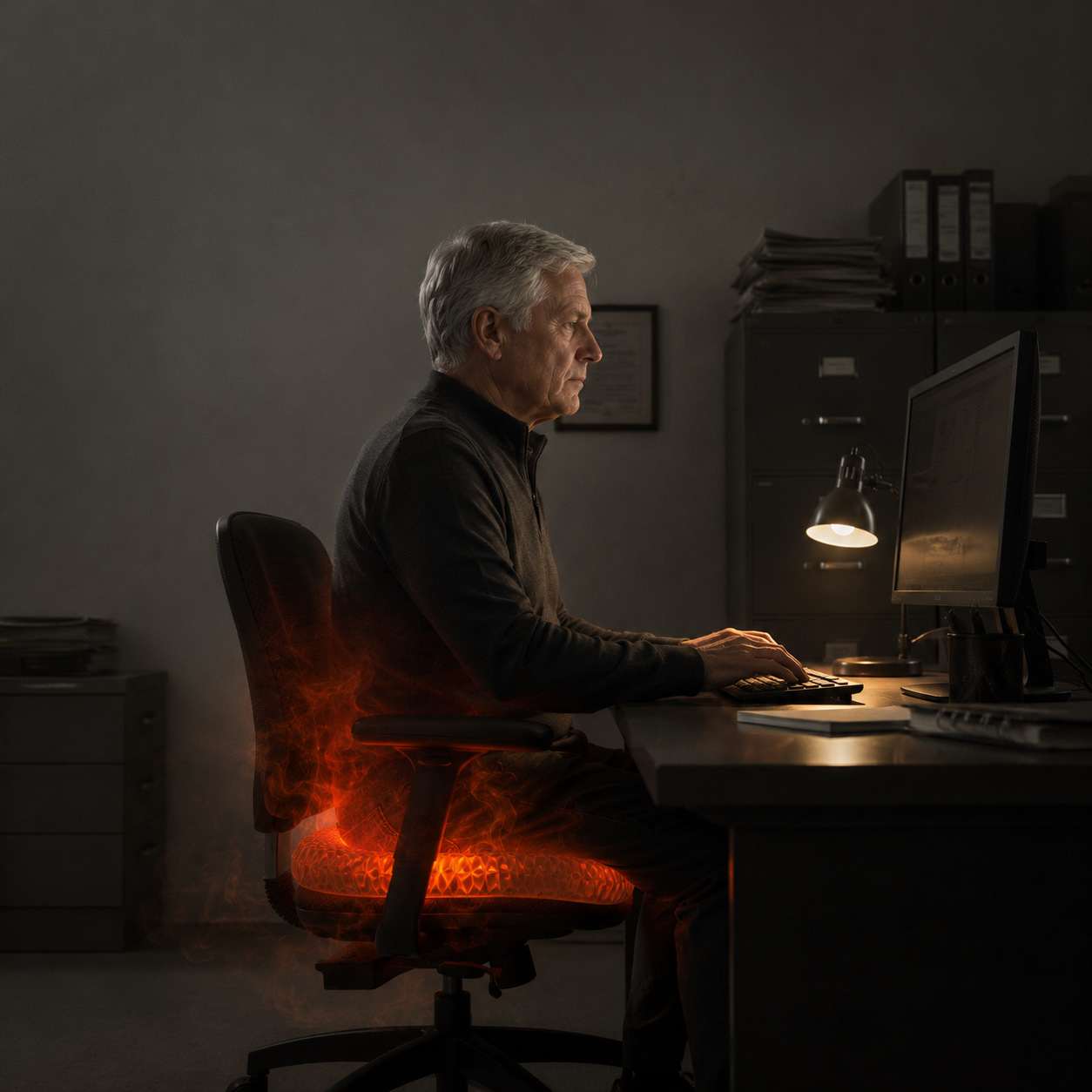 A man sitting at a desk, unaware of the pressure building beneath his chair seat
