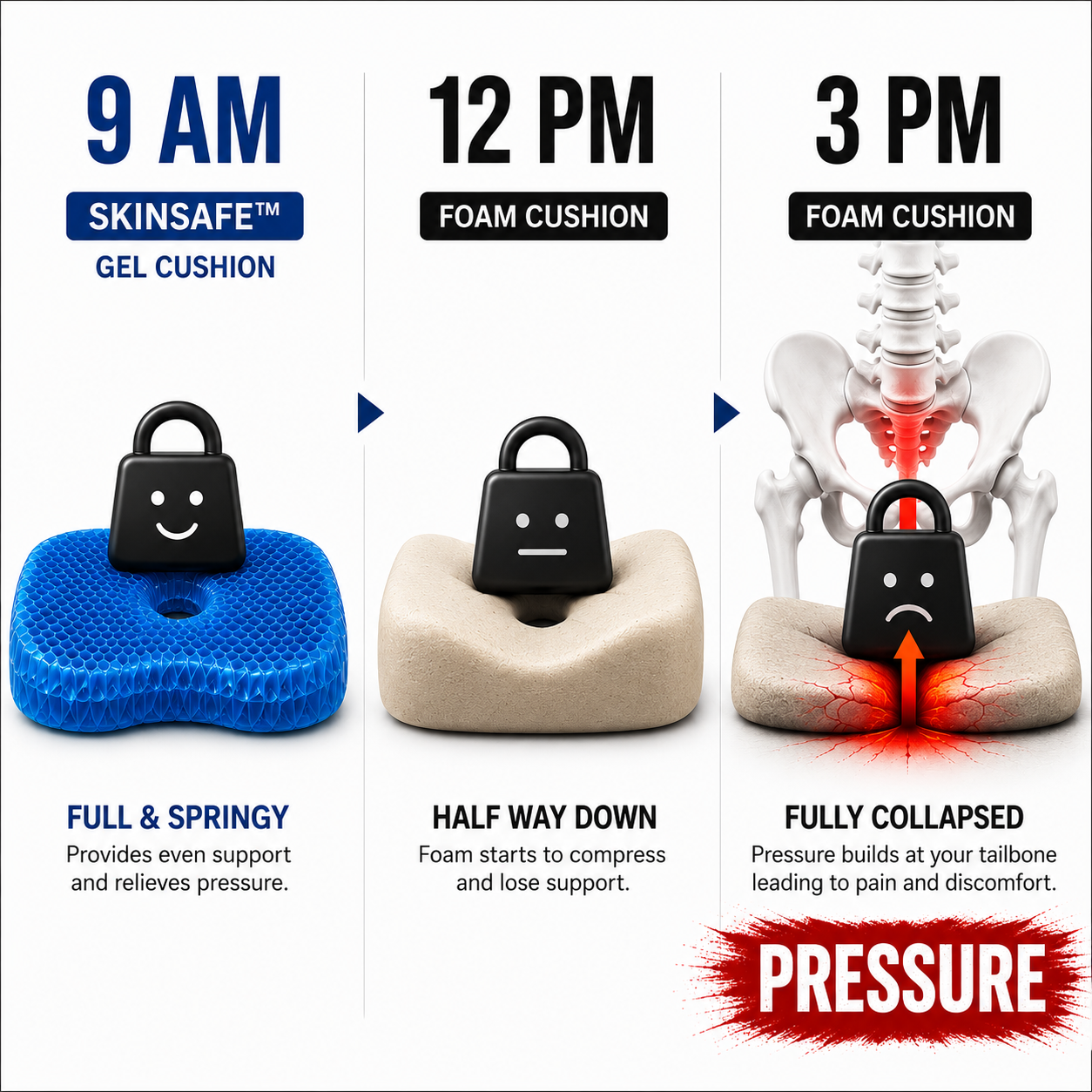 9 AM, 12 PM, 3 PM timeline showing a foam cushion collapsing