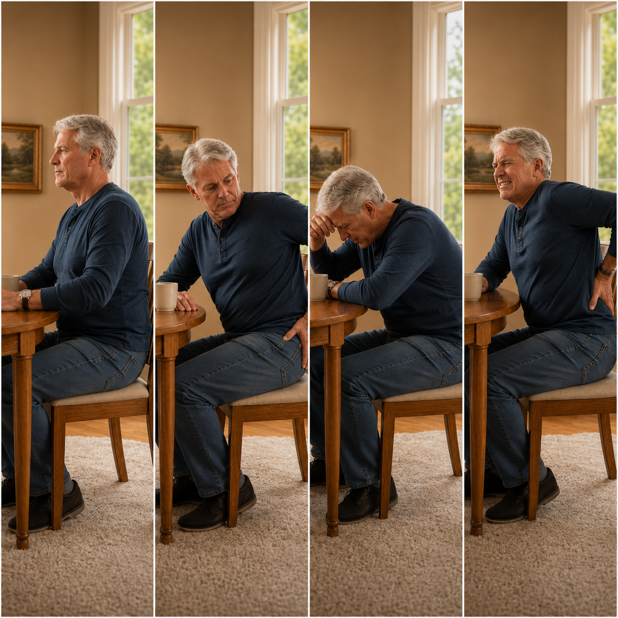 The same man shifting through four uncomfortable sitting positions